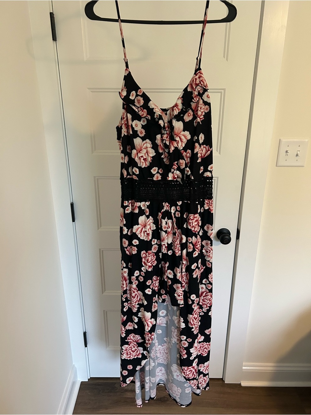 No Boundaries Black Floral Maxi Romper with Pink Flowers